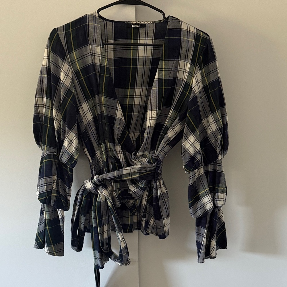 Elegant Plaid Wrap Blouse - Navy and Green